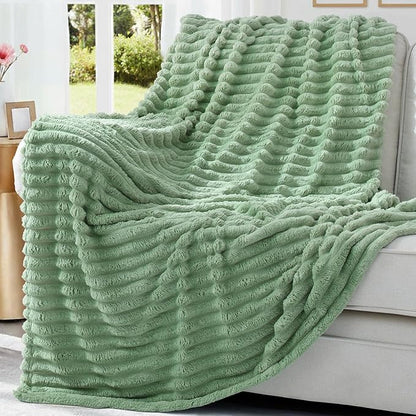 decorUhome Soft Fleece Sage Green Twin Blanket for Bed, Cozy Fluffy Plush Flannel Striped Throws for Couch Sofa, Lightweight Decorative Ribbed Fuzzy Blanket for Woman, 60x80 Inches