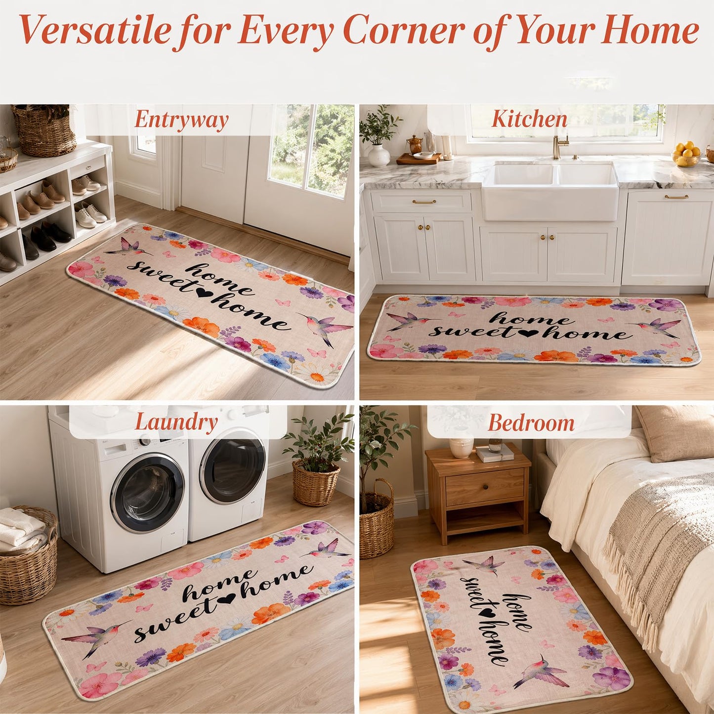 Kitchen Mats for Floor 3PCS,Non Slip Waterproof Kitchen Sink Rugs,Washable Spring Hummingbird Floral Door Mat Comfort Standing Mat for Laundry, Desk, Bar, Office,17“x32”+17“x47”+17“x60”(Hummingbird)