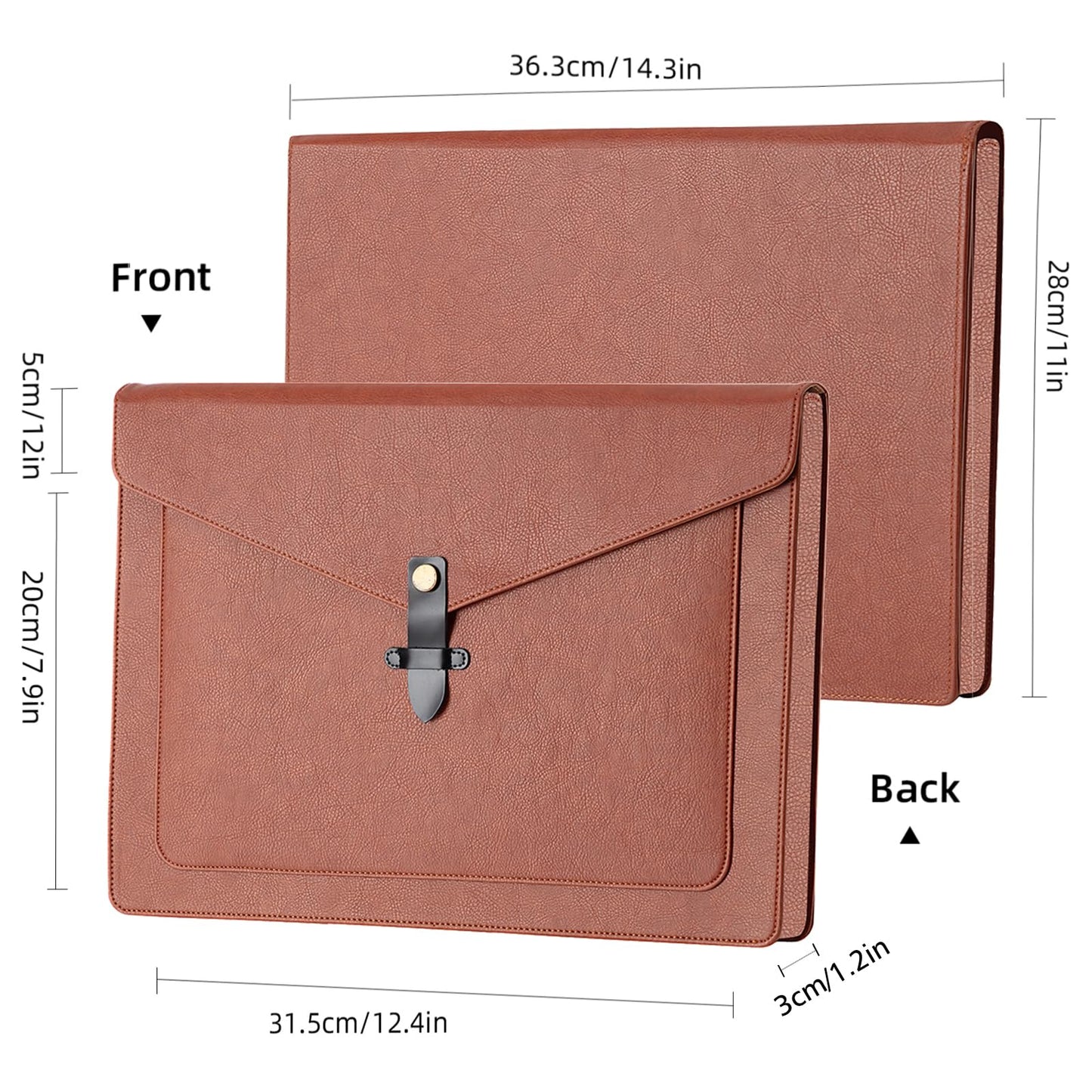 QiXin Brown PU Leather Thick File Folder, Snap Closure File Organizer, Thickened Important Document Folder with Pockets, Document Organizer, Laptop Sleeve Notebook Case, A4 Envelopes Filing Folder