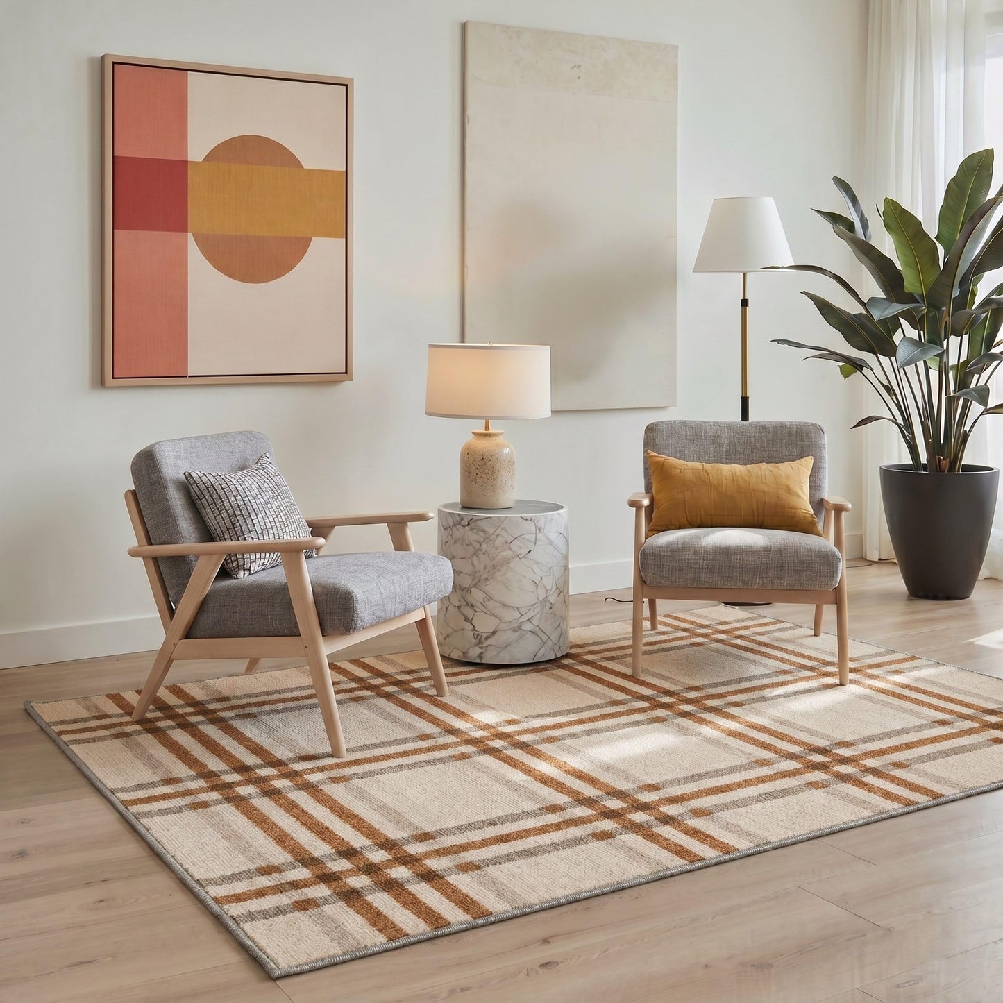 Bavni 5X7 Area Rugs, Minimalist Plaid Low Pile Non Slip Machine Washable Stain Resistant Indoor Rug for Living Room Bedroom Dining Room Home Office, Caramel Beige