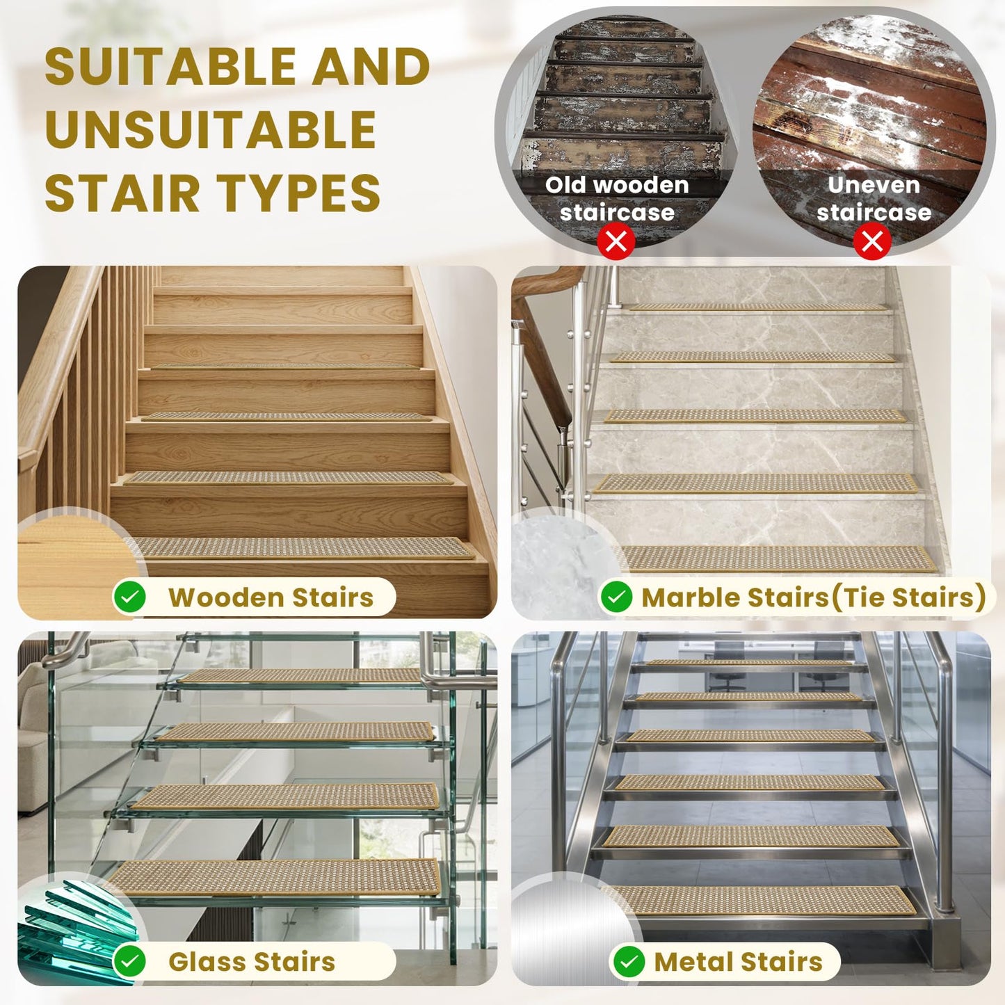SMILOOL Stair Treads Non Slip for Wooden Steps Indoor 9" x 36" 4 Pack Extra Wide Stair Tread Carpet Stairs Runner, Step Pads with Reusable Adhesive for Dogs Kids Elders, Machine Washable, Beige