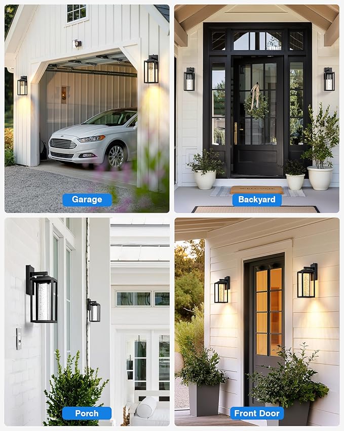 VIANIS Large Exterior Lighting Fixtures Wall Mount for House, Black Dusk to Dawn Porch Lights Outdoor with Integrated 10W LED Light Source Crystal Bubble Glass, 2 Packs Outdoor Wall Sconces Lantern
