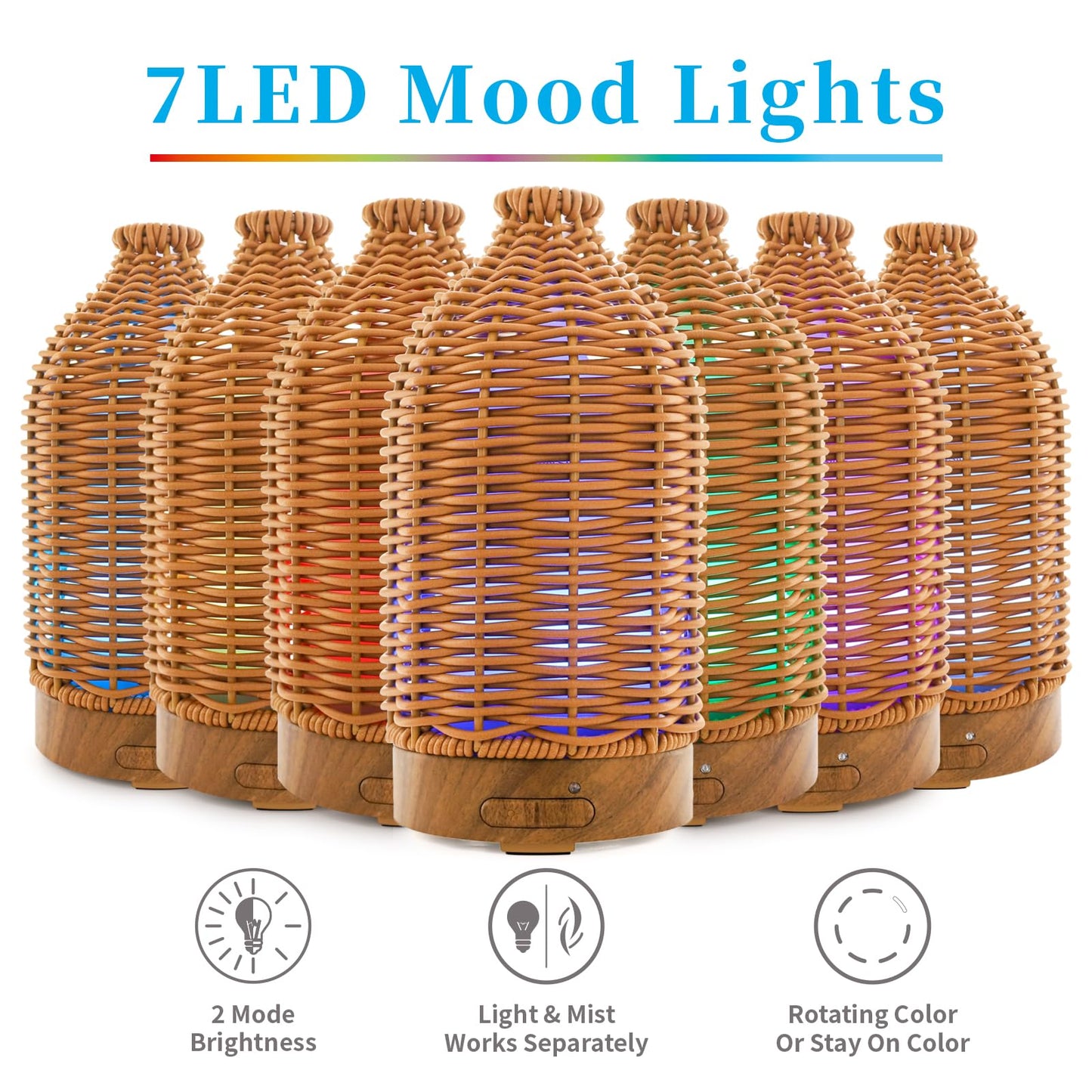 VICTORIA AROMA Essential Oil Diffuser - Multifunction Aromatherapy Diffuser 7 LED Color Changing Light 100ML Rattan Diffuser Easy to Clean Suitable for Home,Office (Tan)