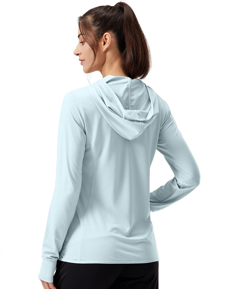 Soothfeel Women's UPF 50+ Sun Protection Hoodie Jacket Lightweight Long Sleeve Sun Shirt for Women with Pocket Hiking Outdoor Light Blue 3XL