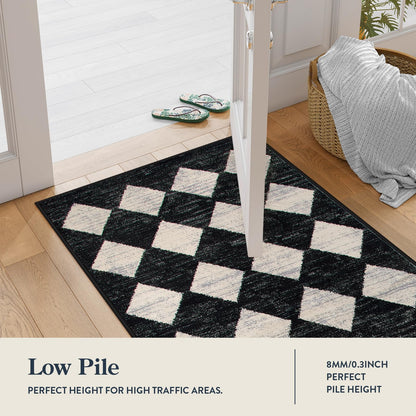 Lahome Zelie Moroccan Trellis Area Rug - 3x5 Washable Black Entry Rug Non Slip Living Room Mat, Distressed Lattice Soft Stain Resistance Indoor Throw Carpet for Front Door Foyer Bedroom Bathroom