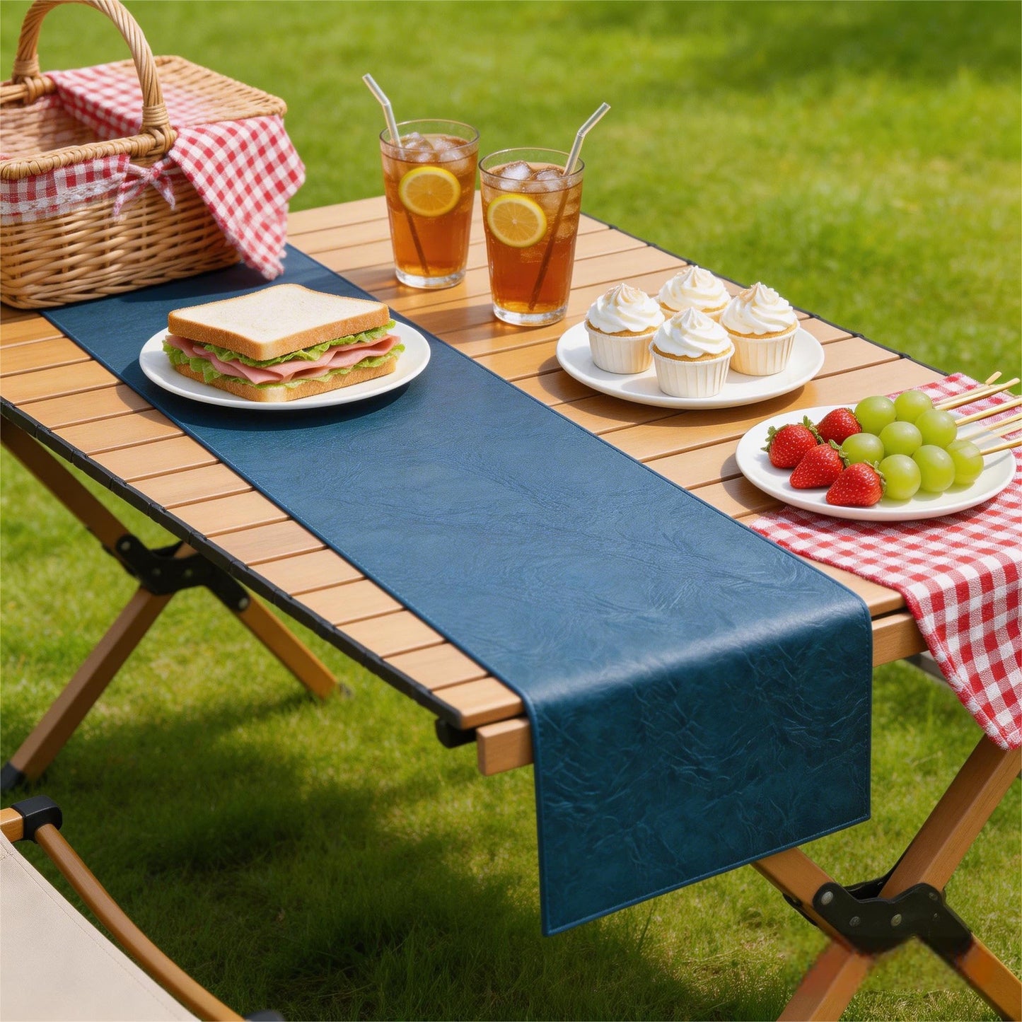 Double-Sided Faux Leather Table Runner, Blue & Black Reversible, Waterproof Heat Resistant Non-Slip Wipeable Oil-Proof Tablecloth, for Dining/Coffee/TV Stand/Dresser 13x72 inch