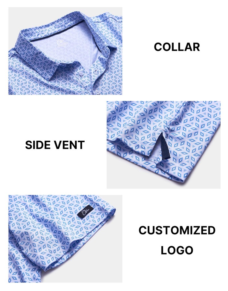 Obla Mens Golf Polo Shirts Short Sleeve Dry Fit Performance Moisture Wicking Casual Print Collared Golf Shirts for Men (Light Blue Diamond_M)