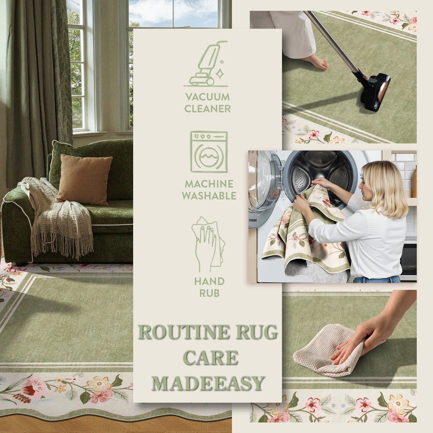 Lahome Floral 2'x 6' Washable Kitchen Runner Rug, Green Rug Runners for Hallways Non Slip, Scalloped Runner Rug Ultra-Thin Stain Resistant Boho Carpet for Entryway Bathroom Bedroom Ariele（Green，2x6ft）