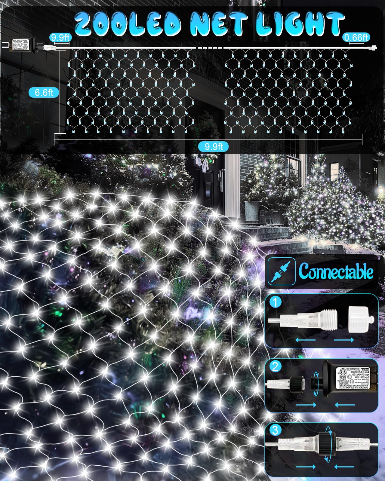 Coroor Christmas Net Lights 9.8ft x 6.6ft, 200 LED Outdoor Mesh Lights with 8 Modes, Waterproof Bush String Lights for Home Garden Yard Xmas Decorations Connecable, Timer (Cool White)