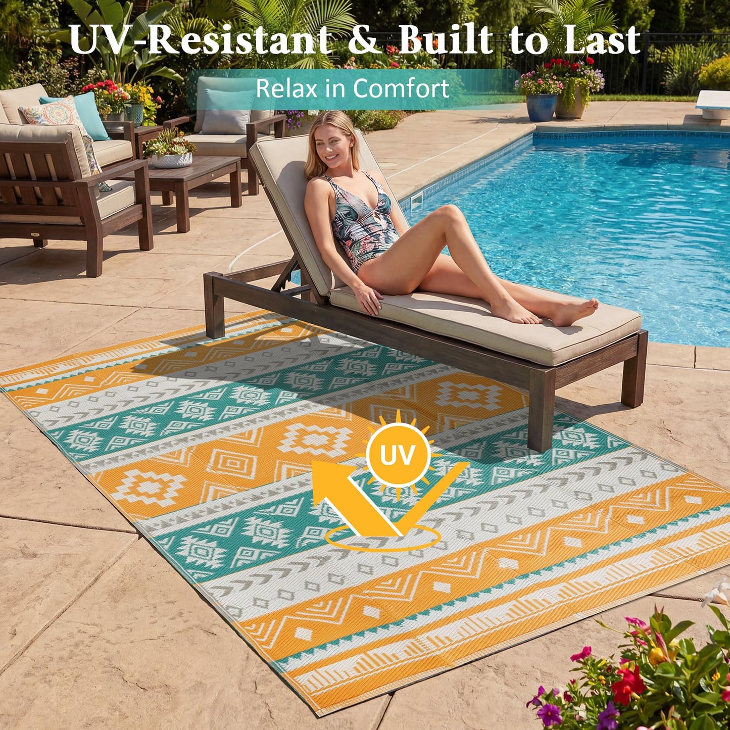 Outdoor Rug 5x8 ft Waterproof Reversible Plastic Straw Patio Camping Rug, Portable Indoor Outdoor RV Mat Carpet for Deck, Camper, Porch, Balcony, Backyard, Picnic, Yellow
