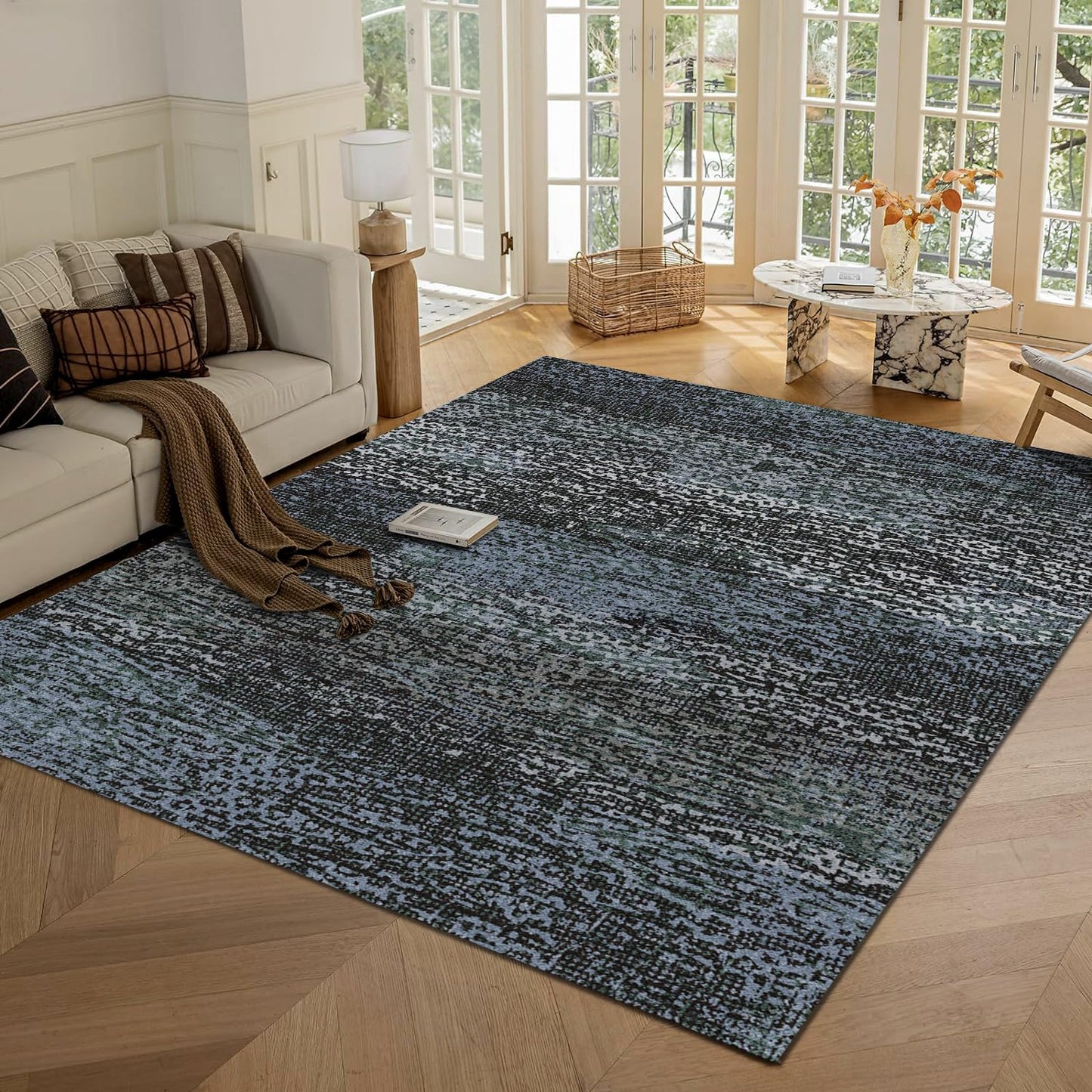 RUGSURE Washable Area Rug - 1/6 Thick - Stain & Water Resistant Non-Slip - Resistant Rug for Living Room, Bedroom, Nursery, Pet & Child Friendly, Vintage Charm Area Rugs (Darkgrey+Bule, 5' x 7')