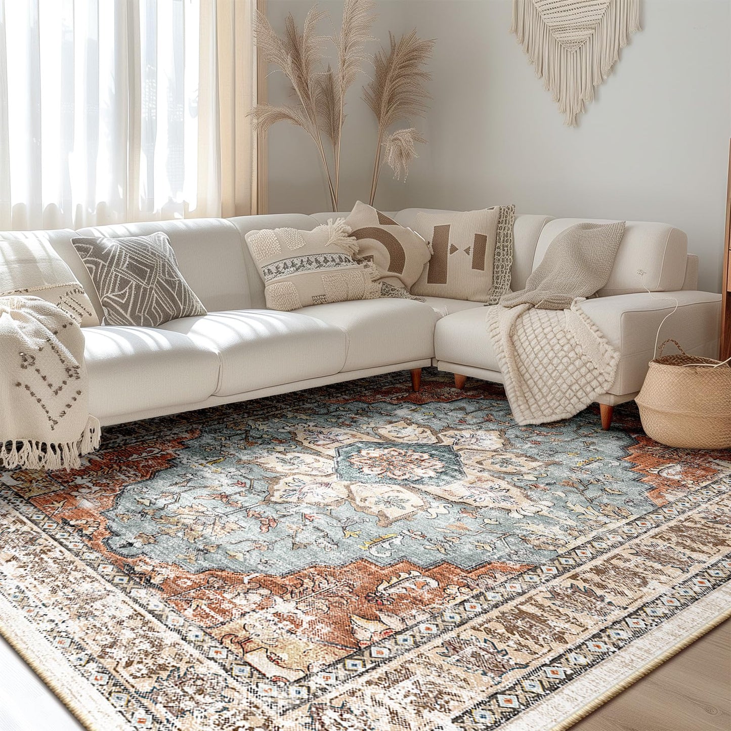 BESTSWEETIE 8x10 Area Rug Washable Rugs for Living Room, No Pile Boho Carpet for Entryway Bedroom Dinning Room, Vintage Carpet Print Distressed Non-Slip, 8 x 10 ft, Green Brick Rust Red