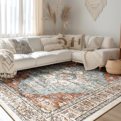 BESTSWEETIE 8x10 Area Rug Washable Rugs for Living Room, No Pile Boho Carpet for Entryway Bedroom Dinning Room, Vintage Carpet Print Distressed Non-Slip, 8 x 10 ft, Green Brick Rust Red