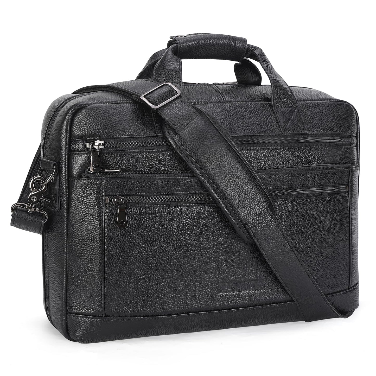 Masa Kawa Men’s Leather Briefcase for 16" Laptop Waterproof Crossbody Shoulder Messenger Bag Business Travel Work Computer Attache Case, Black