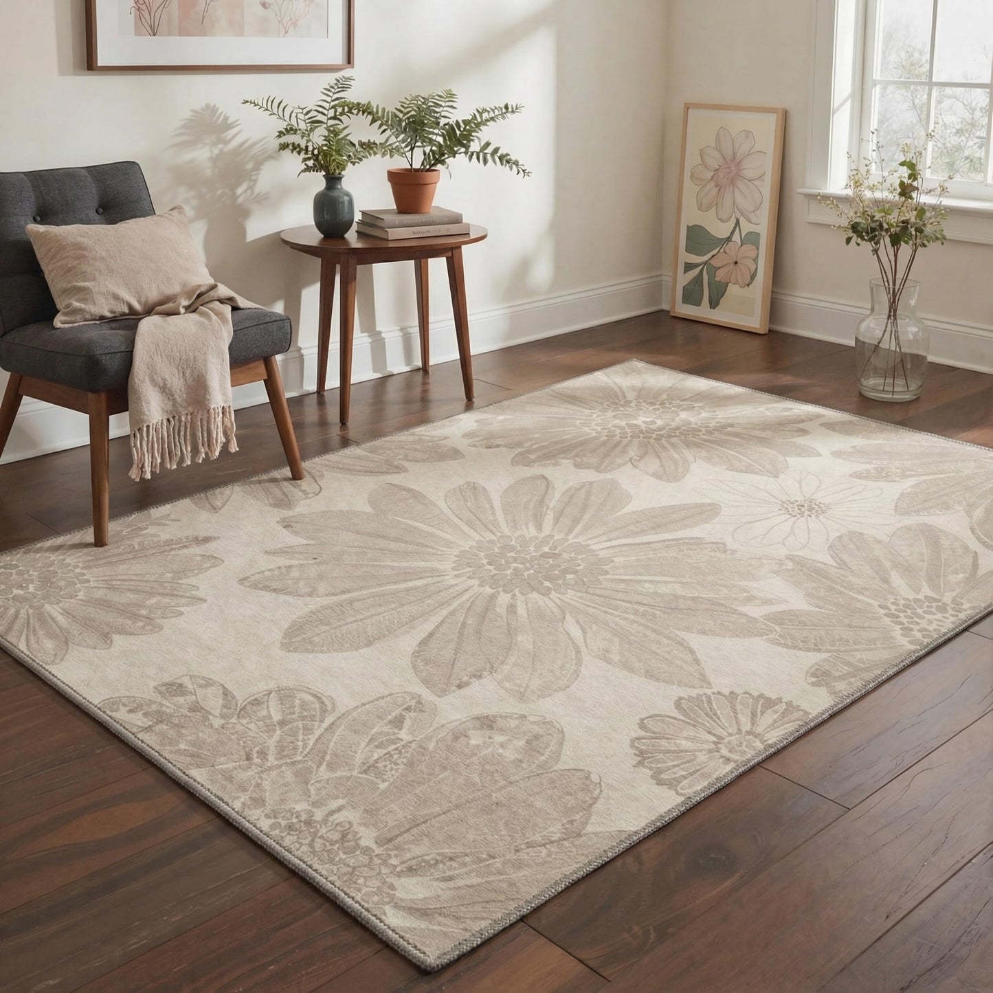 GENIMO 5x7 Area Rugs for Living Room, Machine Washable Non Slip Floral Rug, Low Pile Lightweight Flower Print Rug for Bedroom, Dining Room, Dusty Beige Flower