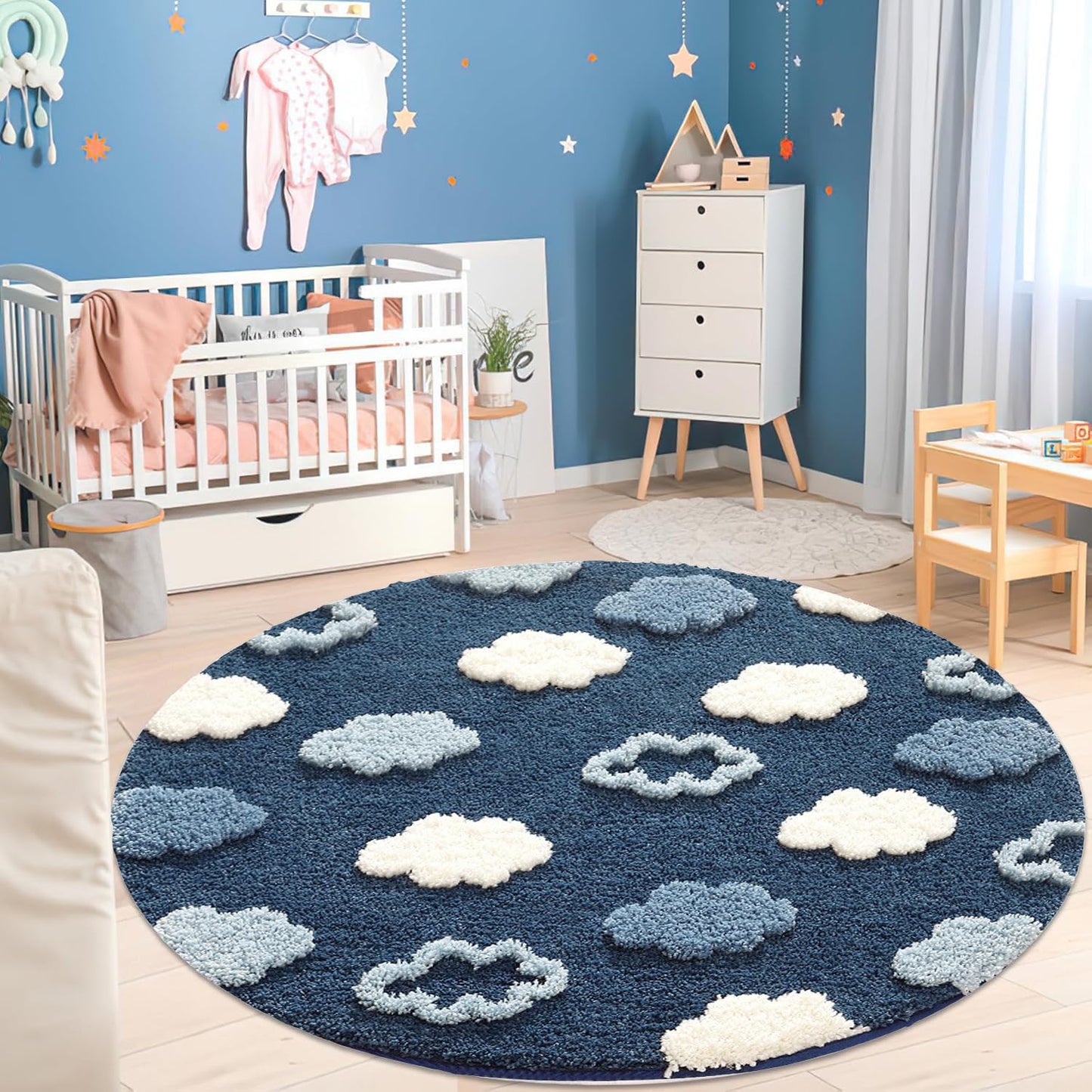 Poowe Kids Play Mat Baby Nursery Rug Round Educational Alphabet Soft Area Rug Non Slip for Children Toddlers Bedroom (Round 47.2", Navy Blue Clouds)