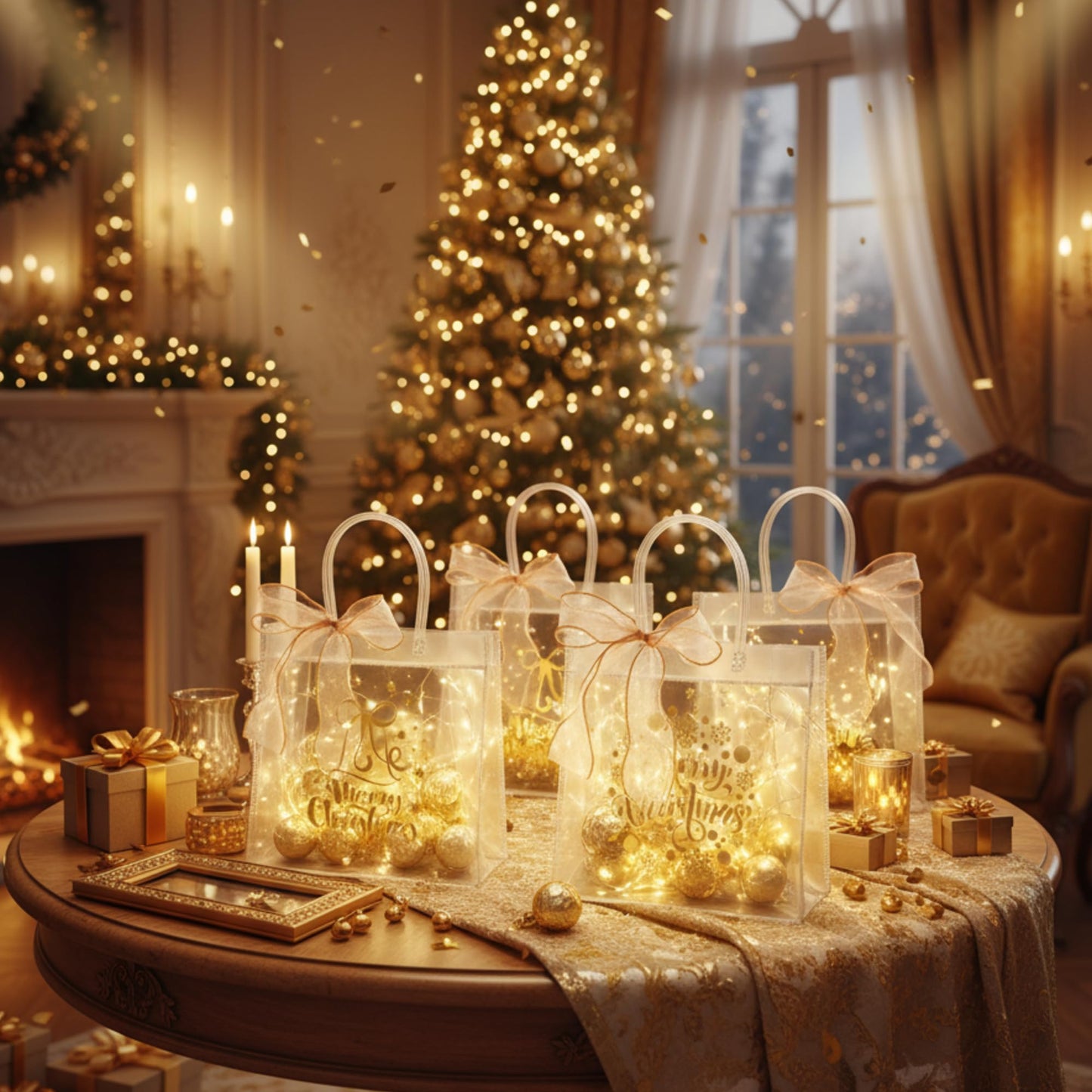 Henoyso 36 Pcs Gold Christmas Clear Gift Bags Plastic Goodie Candy Treat Bag with Handles PVC Gift Wrap Totes with Ribbon for Xmas Party Favors (7.8 x 7.8 x 3.1)