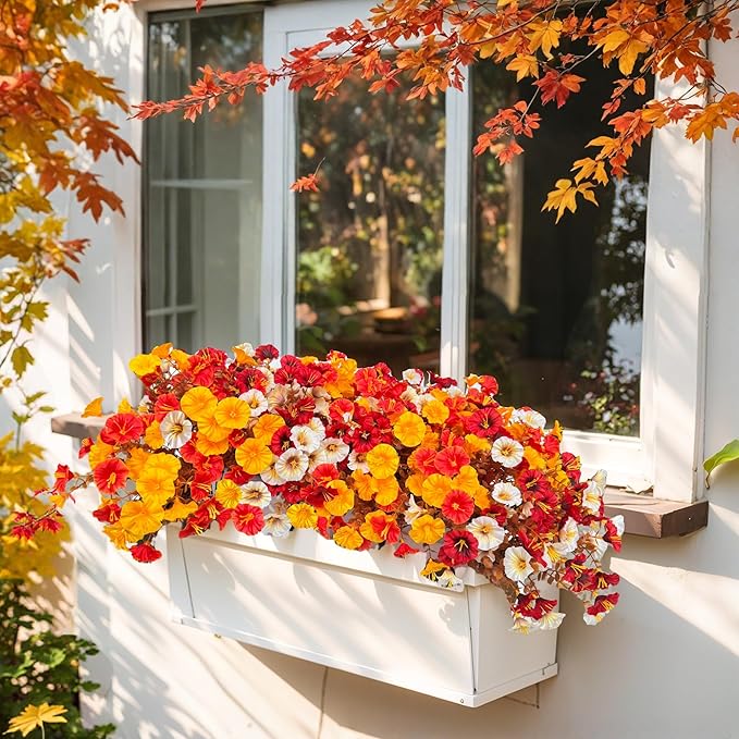 Artificial Fall Flowers for Outdoor, Fake Petunias Plants, Faux Flower, Fake Mums, 4PCS Fall Outdoor Decoration, UV Resistant, Silk Morning Glorias, for Home Garden Porch Planter (Deep Autumn)