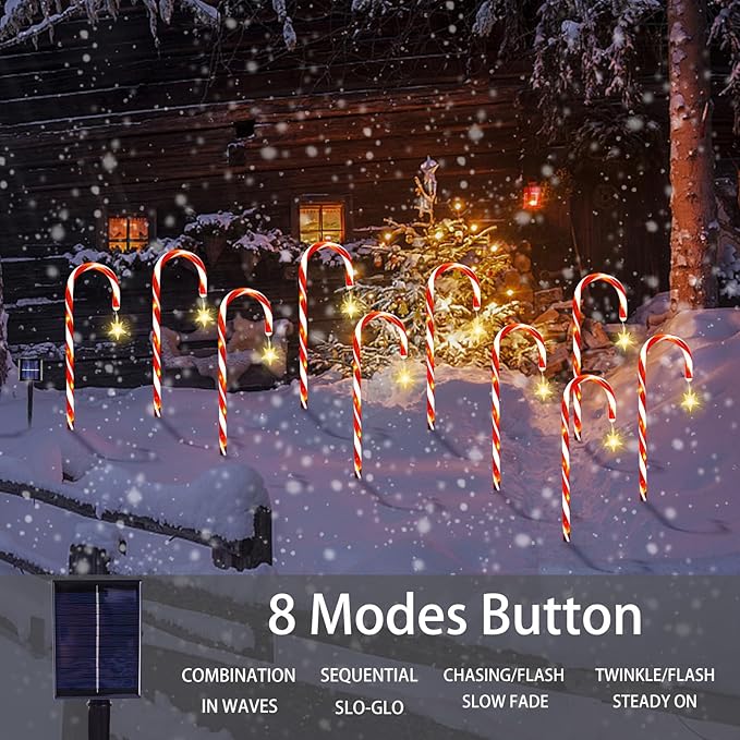 Christmas Decorations, 10 Pcs Christmas Candy Cane Lights with Star, 21'' Solar Pathway Lights with 8 Lighting Modes, Waterproof Garden Lights for Outdoor Christmas Patio Yard Walkway Decorations