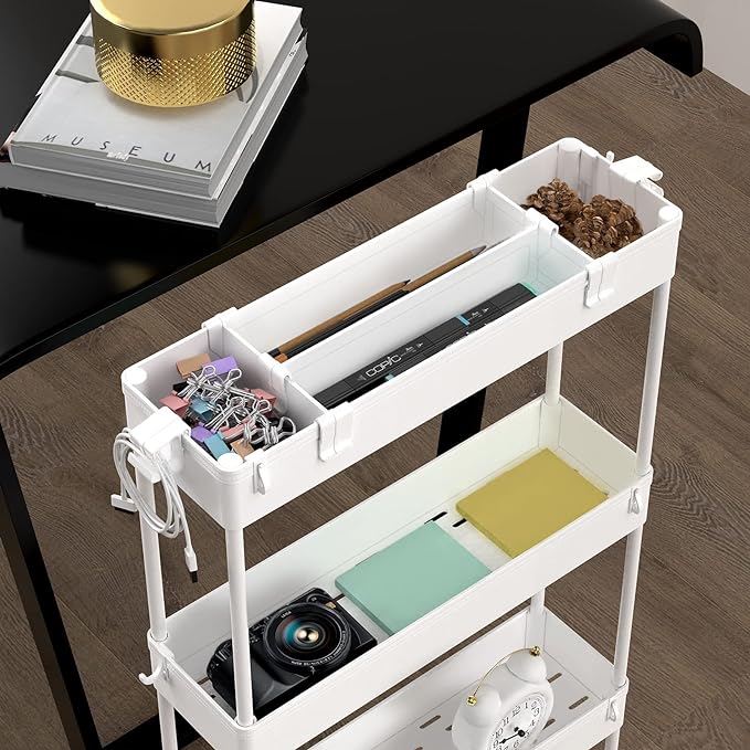 SPACELEAD Slim Storage Cart 4 Tier,Bathroom Organizer Rolling Utility, Mobile Shelving Unit Slide Out for Office, Kitchen, Laundry Room & Narrow Places,White