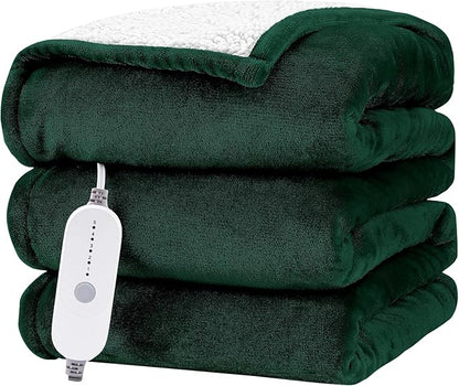 HYLEORY Heated Electric Blanket Twin 62"x84" Soft Fleece & Flannel with 5 Heating Levels & 10 Hours Timer Auto Shutt Off, ETL Certified, Washable，Heated Blanket for Body-Dark Green