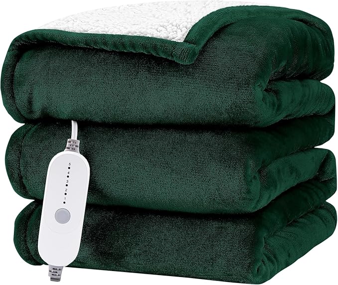 HYLEORY Heated Electric Blanket Throw 50"x60" Soft Fleece & Flannel with 5 Heating Levels & 3 Hours Timer Auto Shutt Off, ETL Certified, Washable，Heated Blanket for Body-Dark Green
