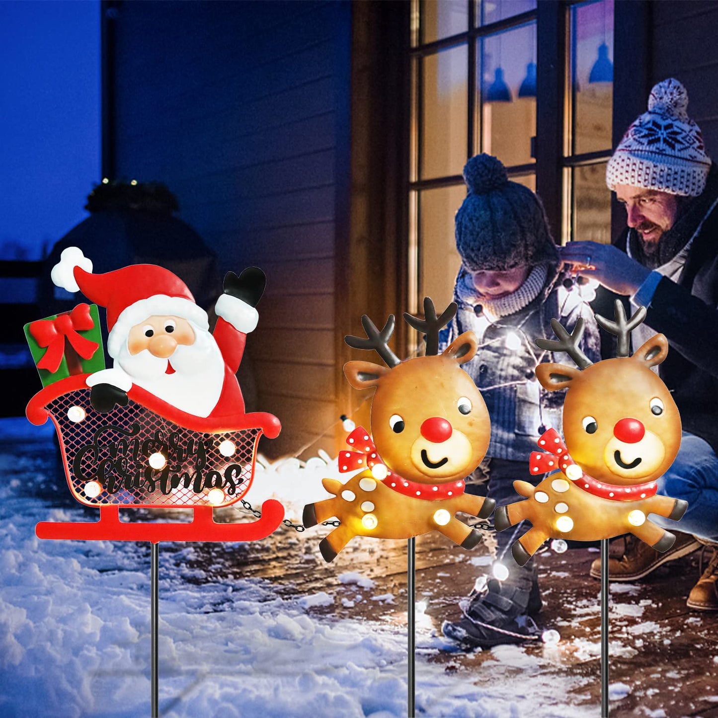 WONDER GARDEN Christmas Metal Yard Stakes, Lighted 3 Pack Christmas Garden Stakes Yard Signs, Outdoor Decorations with Santa Sleigh and Reindeer for Lawn Party Outside