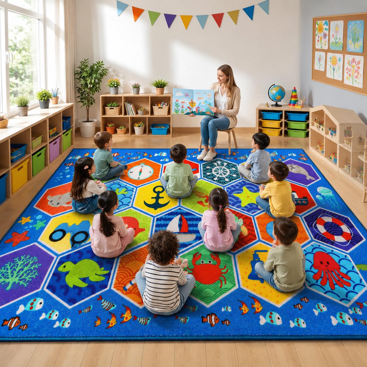 Mfmiudole Extra Large Ocean Classroom Rug with 24 Hexagon Seats, 13.3'×7.7' Educational Preschool Carpet for Circle Time, Kindergarten, Daycare and Early Learning, Non-Slip Kids Classroom Rug