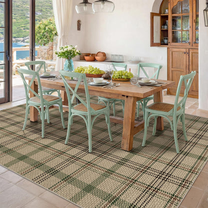 JTJ 5x7 Plaid Area Rug for Living Room - Large Indoor Outdoor Rug for Porch, Bedroom Under Bed, Non Slip Modern Farmhouse, Easy Jute Washable Beige and Sage Green Striped Aesthetic Room Decor