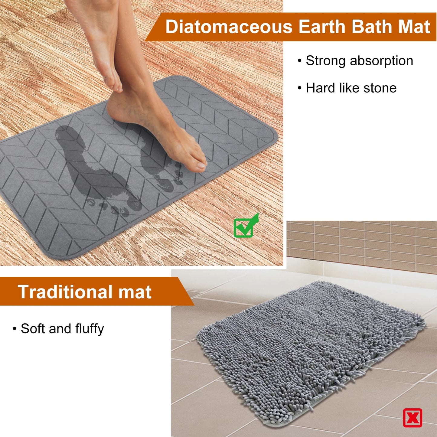JUERLEN 2 Pack Diatomaceous Earth Shower Mat, Stone Bath Mat, Nonslip Super Absorbent Fast-Drying Hard Bath Mat for Bathroom Shower Floor, 24 x 16 inch, Grey Arrow Design