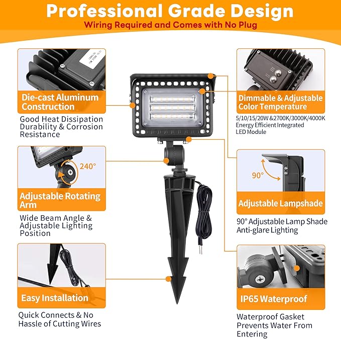 Gardenreet LED Outdoor Flood Lights - 12V Wall Wash Landscape Light, 5/10/15/20W & 2700K/3000K/4000K Selectable, Aluminum Waterproof Black Wide Angle Lighting for Sign Garden Tree 6 Pack