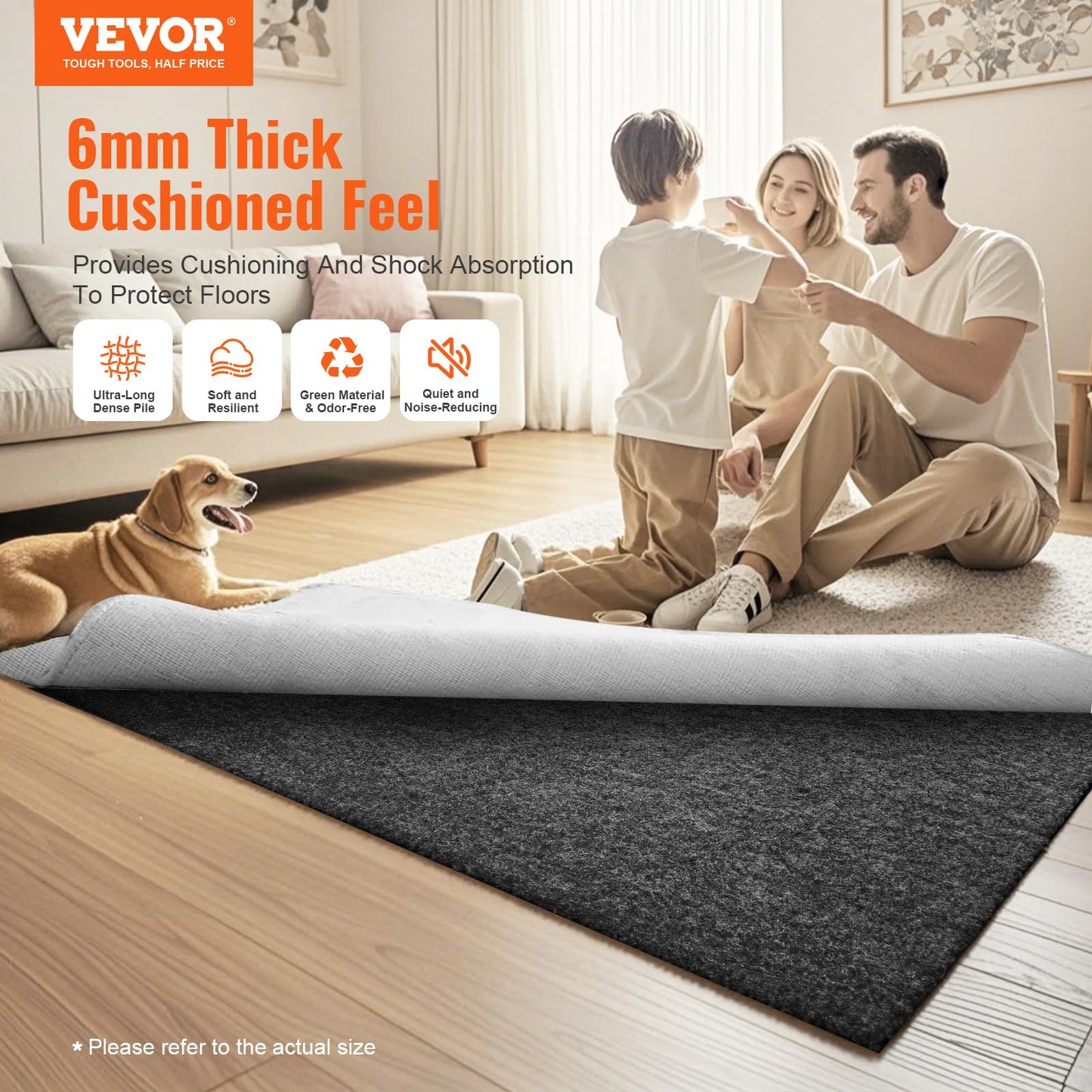 VEVOR 8' x 10' Non-Slip Rug Pad Gripper - 1/4" Thick Polyester Felt & Latex Backing Padding Cushion for Area Carpet Runner Hardwood Floors Living Room - Grey