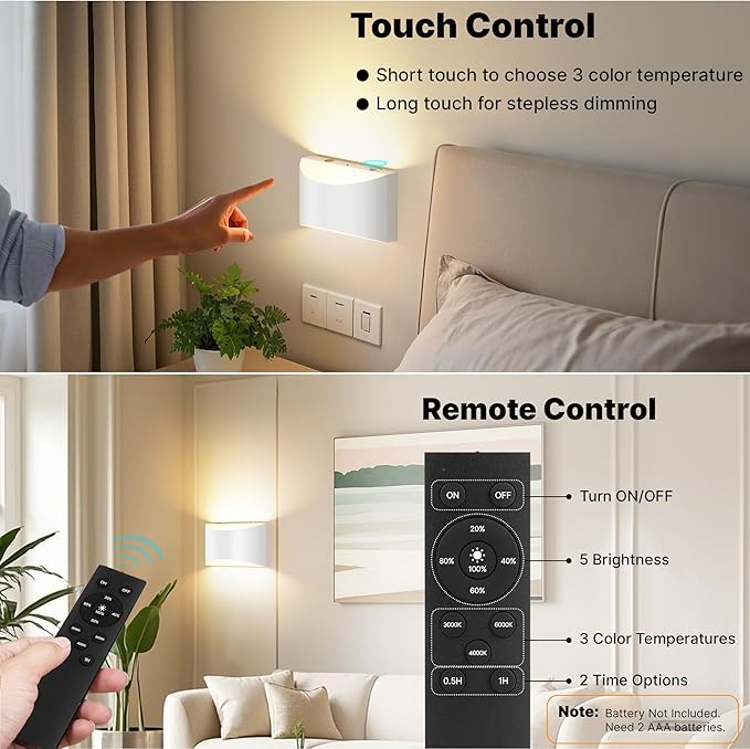 FOLKSMATE Battery Operated Wall Sconces Set of 2, White Rechargeable Wireless Remote & Touch Control Wall Lamps, 3 Color Temperatures, Cordless Dimmable Lamp for Bedroom, Living Room, Hallway