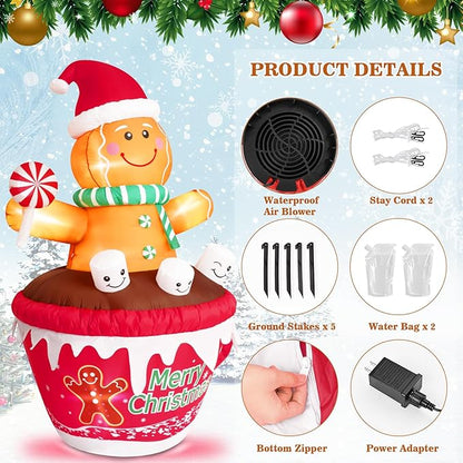 FRAMICS 7 FT Christmas Inflatable Gingerbread Outdoor Decorations, Gingerbread Man in Hot Cocoa Mug Inflatable, Cute Blow Up Yard Inflatable for Party Garden Lawn Yard Gifts Outdoor Indoor