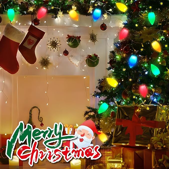 Couah C9 Christmas LED String Lights, 23 Ft LED Vintage Multicolor Lights with 35 LED C9 Colorful Light Bulbs, Outdoor String Lights for Christmas Party Backyard Wedding- Green Wire