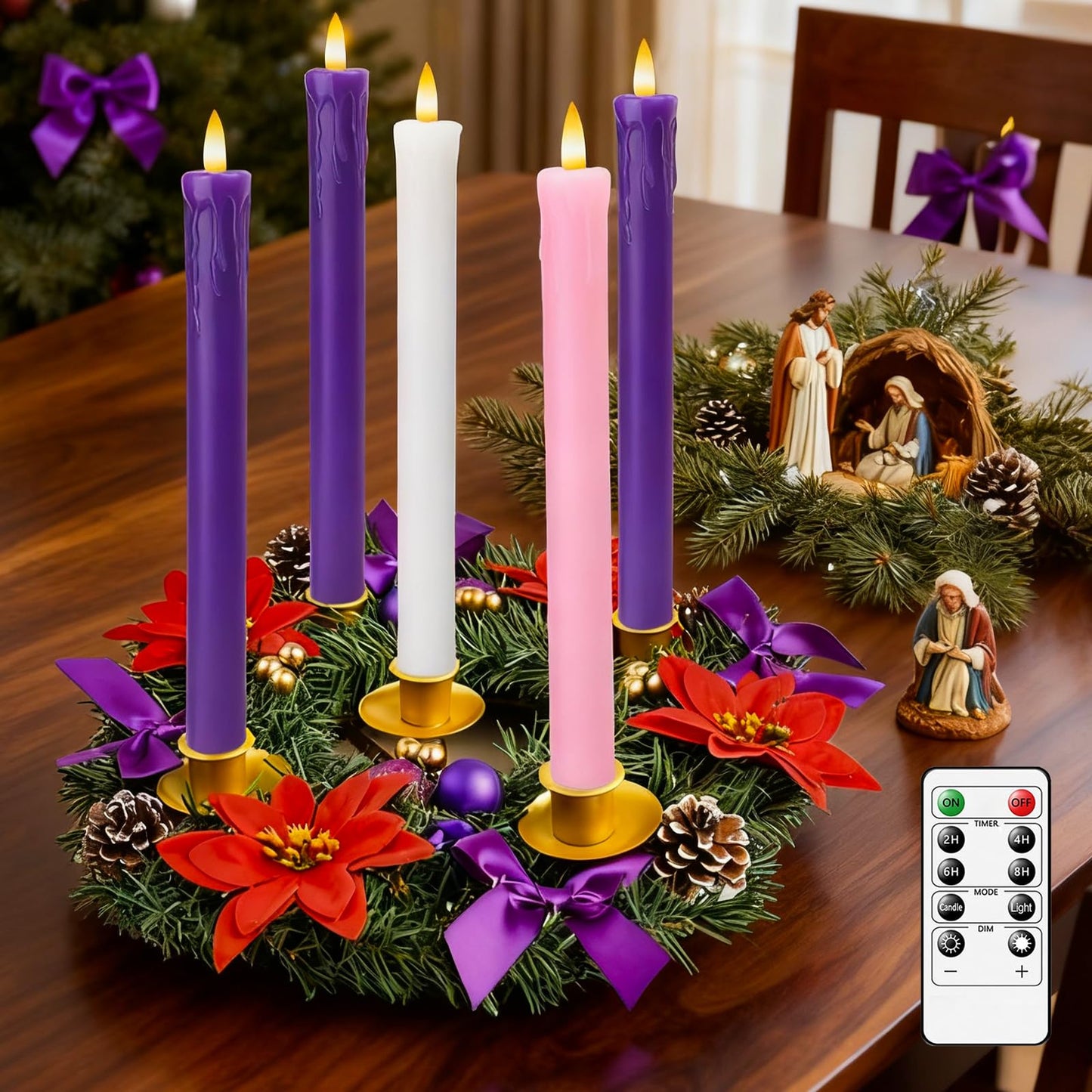 Lezonic Flameless Advent Candles Battery Operated with Remote, Set of 5 Wax Christmas Taper Nativity Candles, LED Advent Wreath Candles for Church Home Christian Decor, 3 Purple & 1 Pink & 1 White