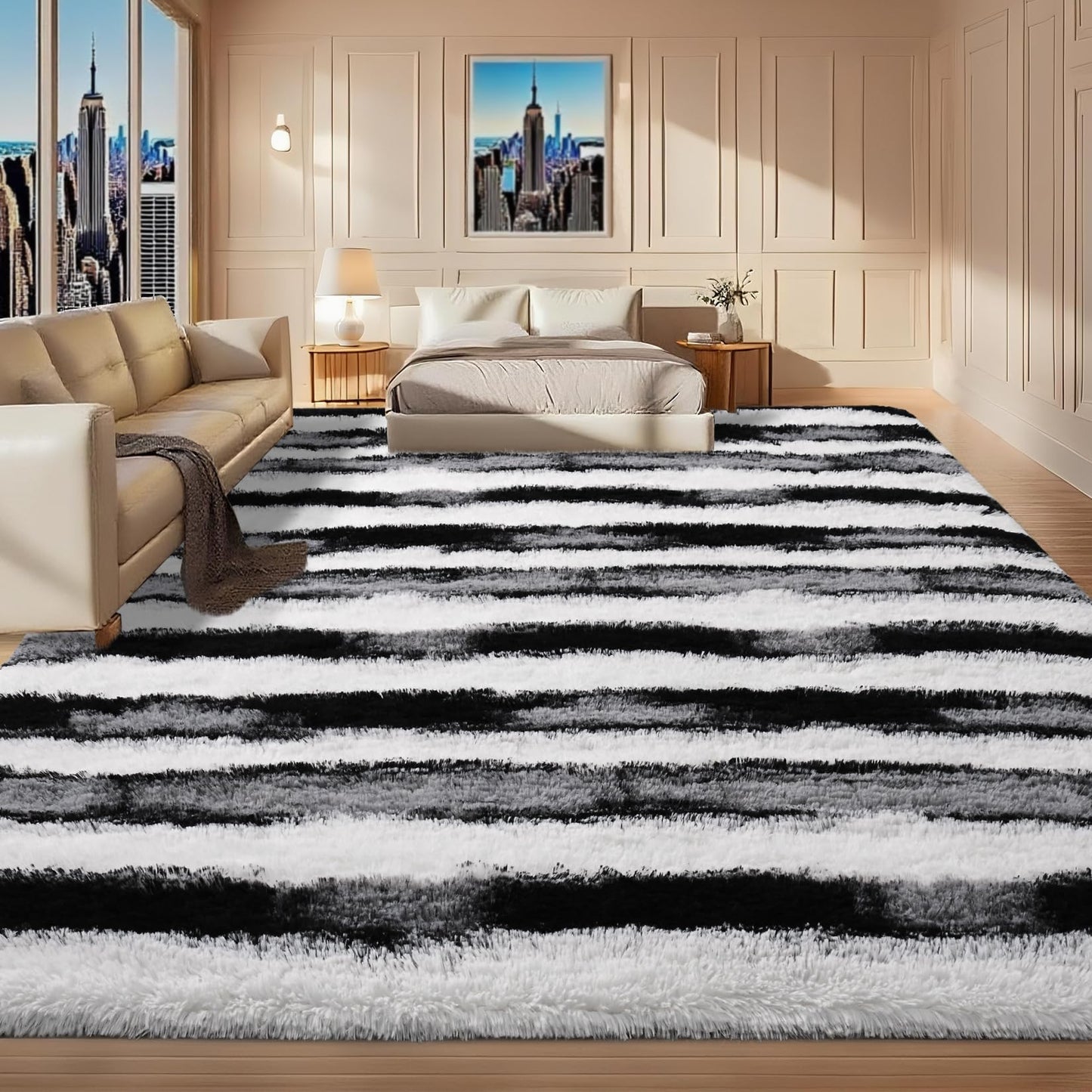Woottpe Black and White Rugs for Living Room Bedroom, 4x6 Fluffy Soft Plush Area Rugs with Non-Slip Backing, Modern Striped Shag Fuzzy Carpets for Kids Playroom Nursery Dorms Home Decor