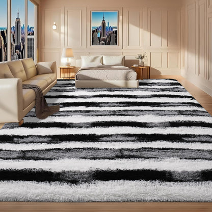 Woottpe Black and White Rugs for Living Room Bedroom, 4x6 Fluffy Soft Plush Area Rugs with Non-Slip Backing, Modern Striped Shag Fuzzy Carpets for Kids Playroom Nursery Dorms Home Decor