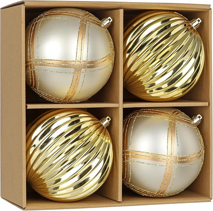 4.7" Large Plastic Christmas Balls Ornaments Set of 4, Glitter Shatterproof Christmas Bulbs Ornaments for Xmas Tree Decorations, Gold and Silver Ornament for Tree, Mantel, Winter, Holiday Party Decor