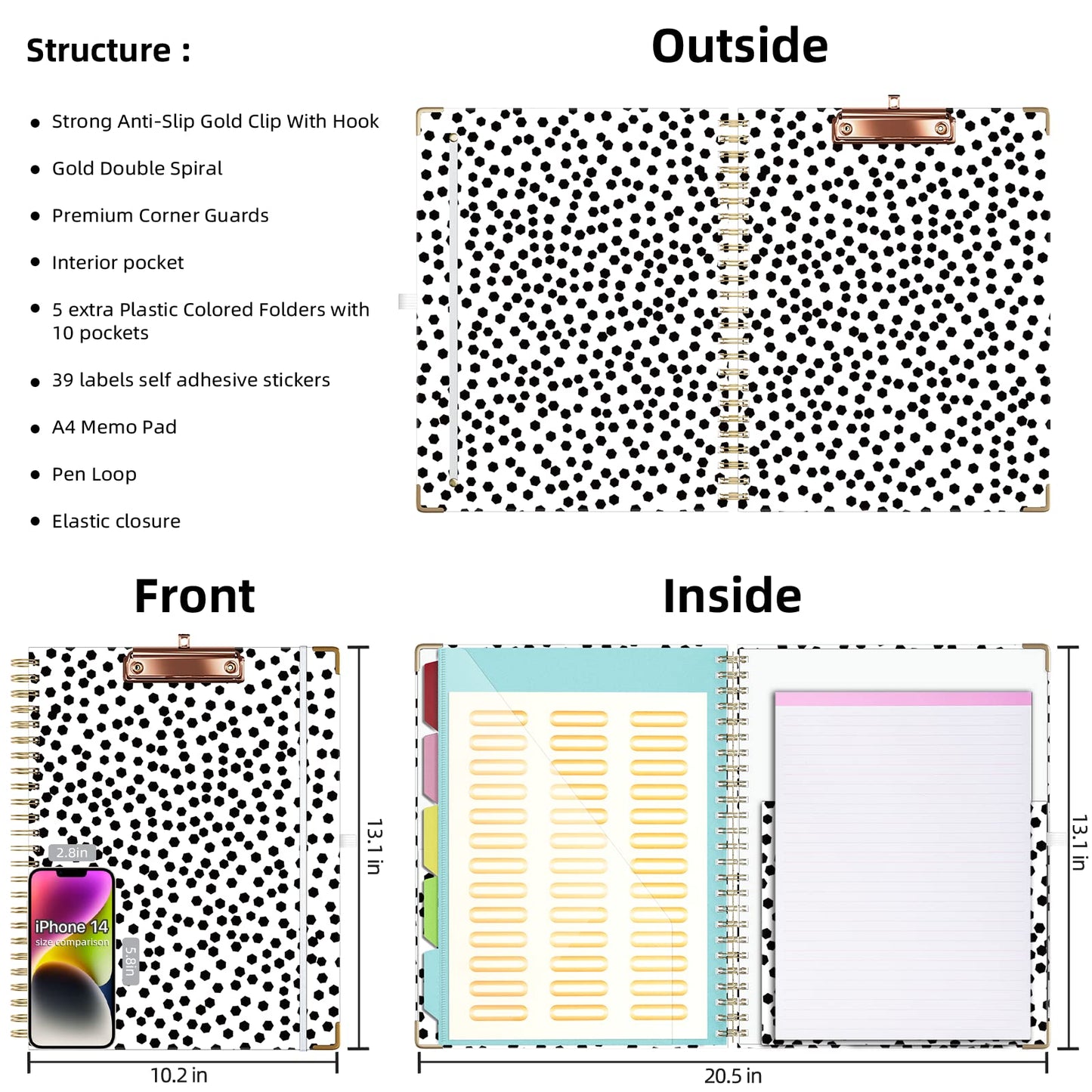 Ospelelf Clipboard with Storage 8.5 X 11，Padfolio Organizer, Spiral Portfolio Letter Size with Notepad, Pen Holder, 5 Extra Folder Divider Pages, Elastic Closure Nurse Office Essentials (Polka Dots)