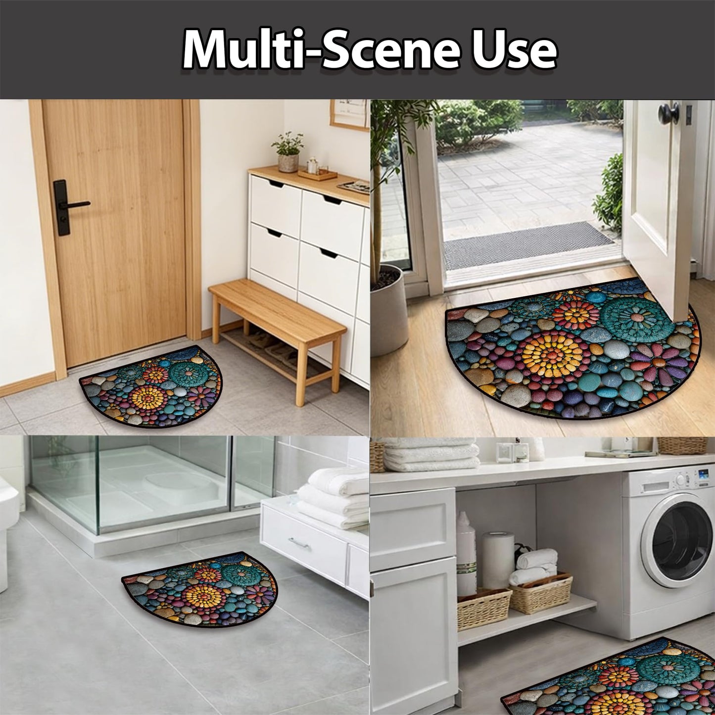 NYZE Semi Circle Door Mat Half Round Welcome Mat Non Slip Low-Pile Absorbent Half Circle Entryway Rug for Bathroom Bedroom Laundry Room(Pebble Floral, 24"×36")