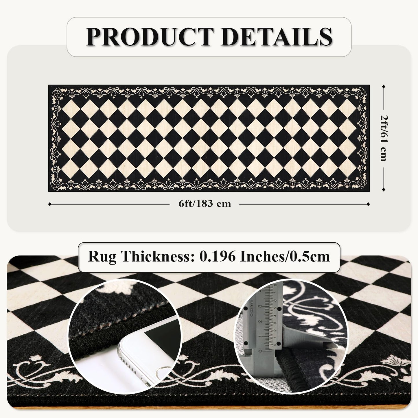 Beeiva Checkered Bathroom Runner Rug 2x6, Black and White Washable Runners for Hallways Non Slip, Moroccan Trellis 2x6 Rug for Besides Laundry Kitchen, Checkerboard Stain Resistant Bathroom Decor