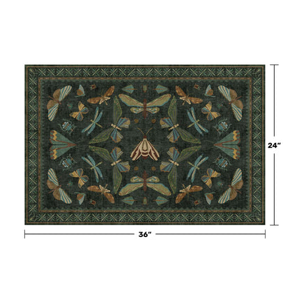 Hazo Haus 2x3 Entry Way Rugs Indoor - Dark Green Small Throw Rug for Kitchen, Bathroom, Insect Boho Design, Washable Non Slip Stain Resistant