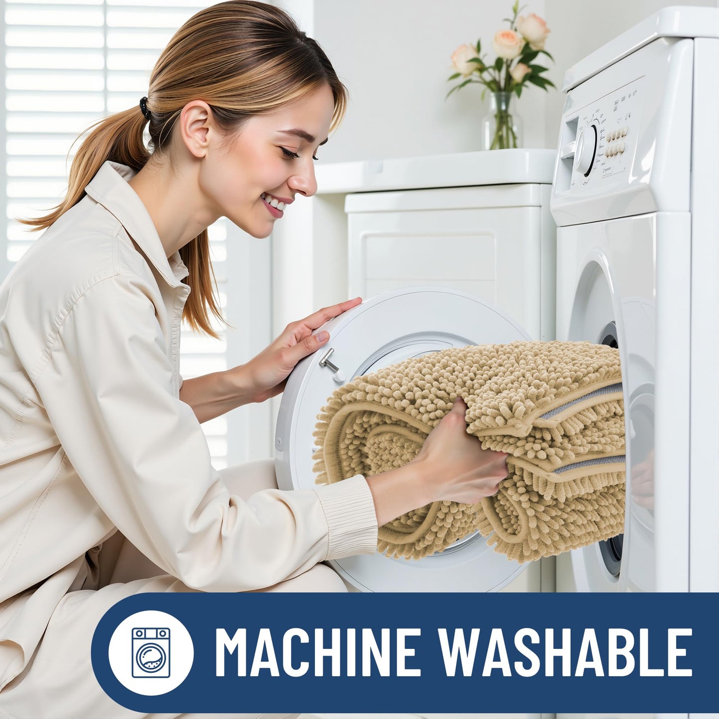 Smiry Bathroom Rugs Sets 3 Piece, Soft Absorbent Chenille Bath Mat and U-Shaped Contour Toilet Rug, Machine Wash Dry Bath Mat Sets for Bathroom Tub and Floor (30"x20"+24"x16"+24"x20", Beige)