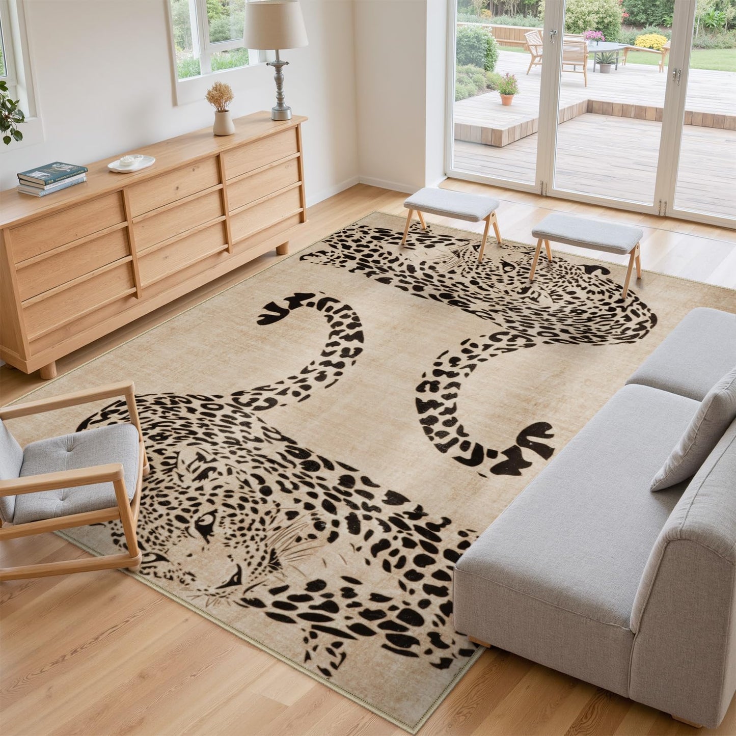 OJIA Leopard Print Rugs for Living Room Beige 8x10 Rug Washable Area Rugs for Bedroom, Modern Non-Slip Ultra-Thin Soft Large Carpet Non-Shedding Nursery Rug for Kids Playroom Dining Room Home Decor