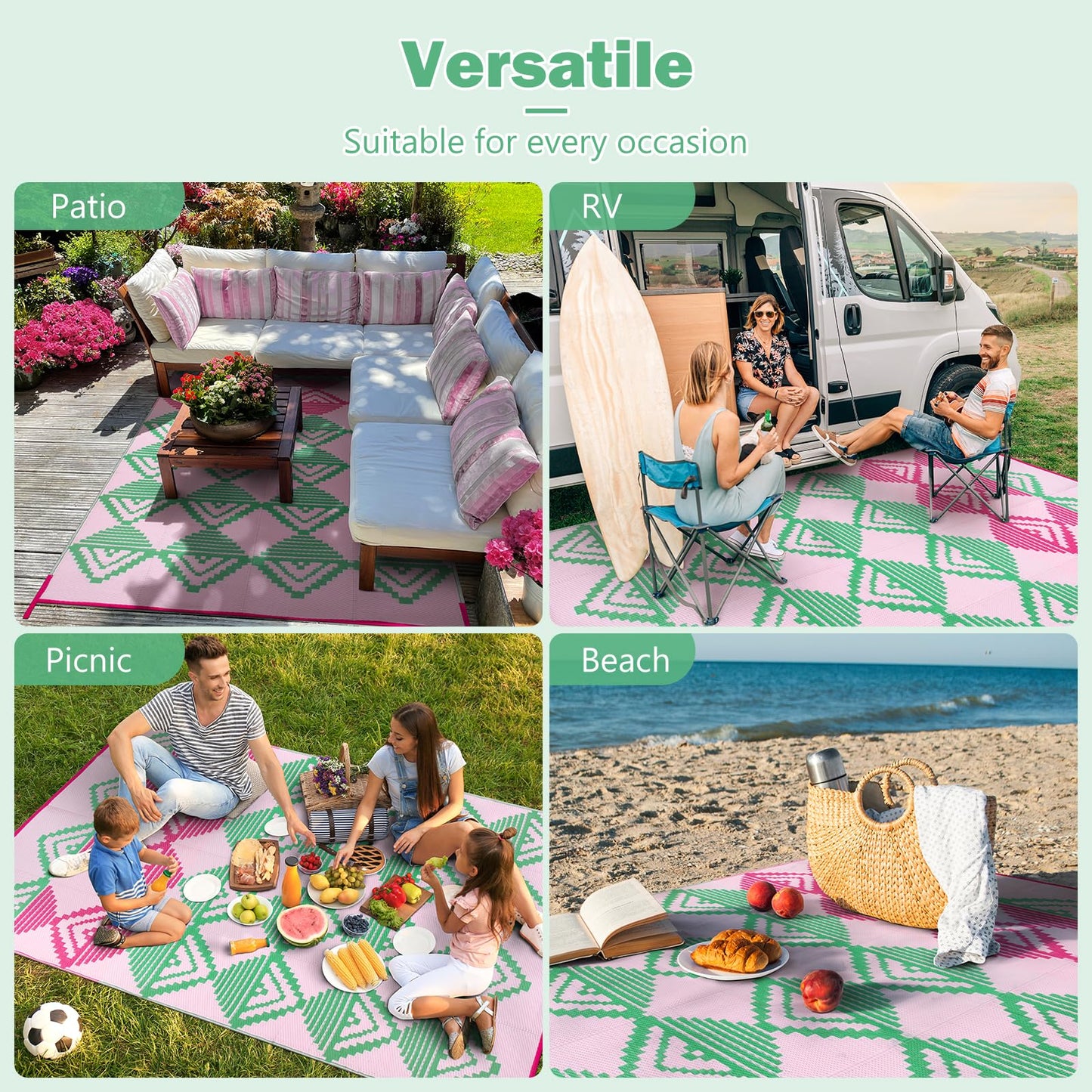 Lahome Waterproof Outdoor Rug 8x10, Reversible Outdoor Plastic Straw Rug for Patios, Outside RV Mat Carpet for Deck Porch Backyard Balcony Picnic Trailer (Pink/Green, 8' x 10')