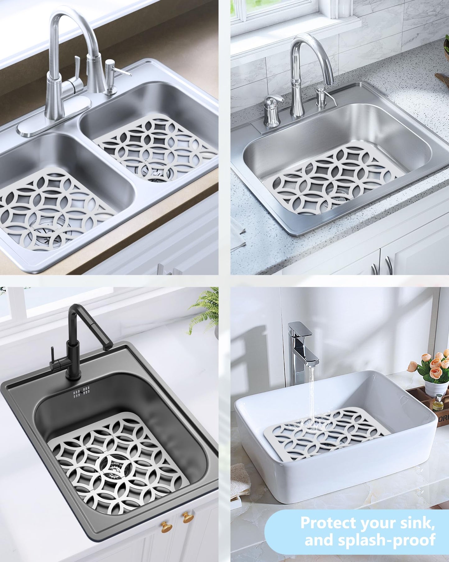 BEHOK 2 Pack 12 x 11 inches Small Silicone Sink Mat, Feng Shui Coin Pattern Heat-resistant Sink Protector for Kitchen Sink with Lucky Coin Design, DIY Cut-to-fit Drain (White)
