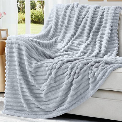 decorUhome Soft Fleece Light Grey Blanket Queen Size for Bed, Cozy Fluffy Plush Flannel Large Striped Throws for Couch Sofa, Lightweight Decorative Fuzzy Blanket for Woman, 90x90 Inches