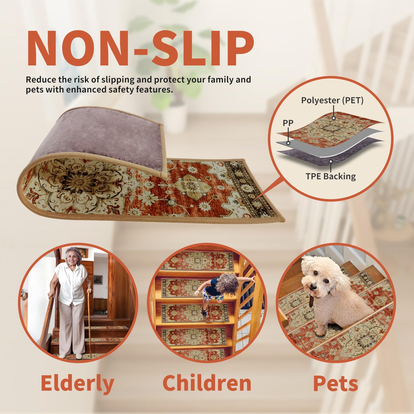 Non-Slip Stair Treads for Wooden Steps 15pcs,8"x30" Stair Carpet Treads for Indoor Use,Peel and Stick Stair Runners,Washable Reusable Adhesive Backing,Pet-Friendly Stair Capet for Kids,Elders,Dogs