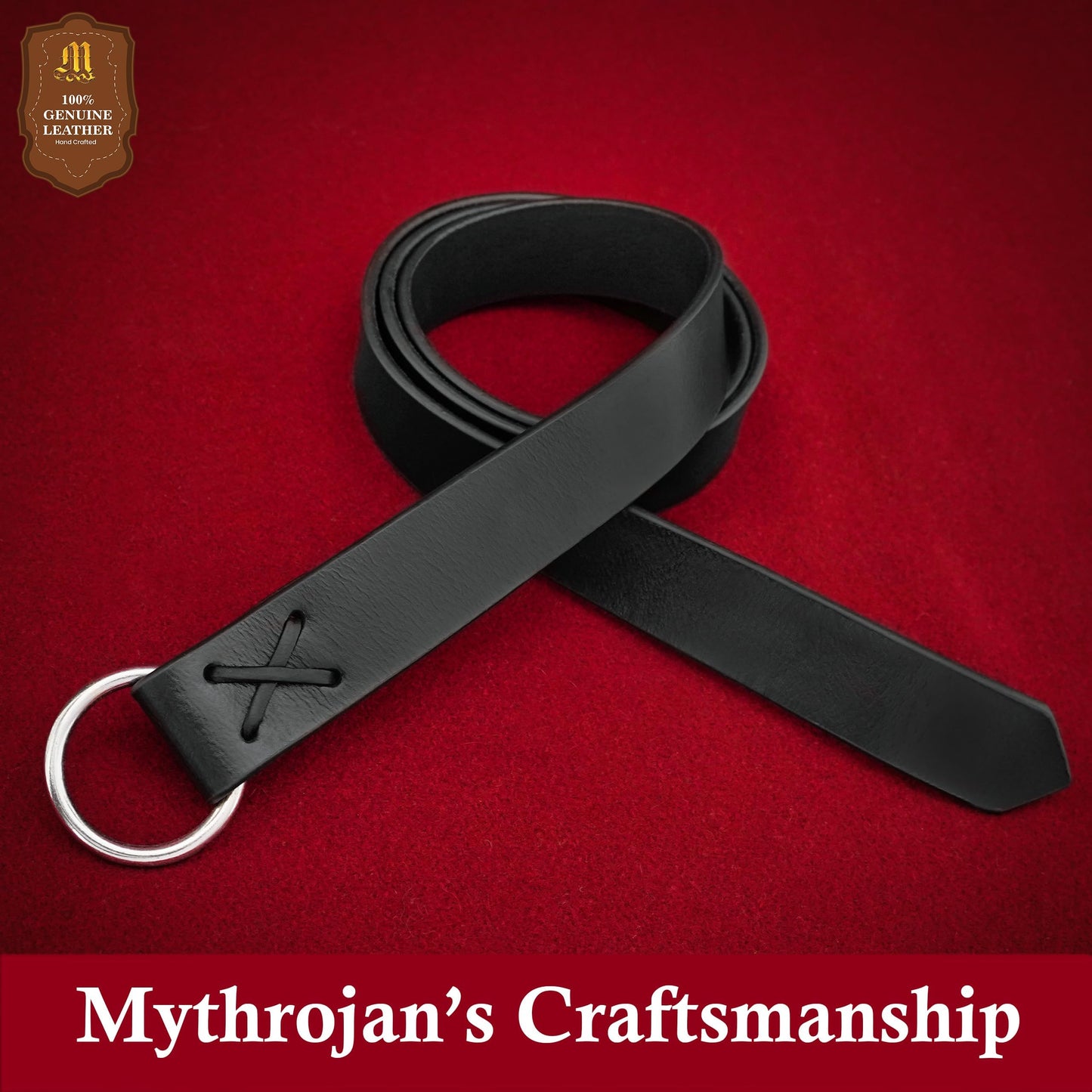 Mythrojan Medieval O Ring Belt Viking Leather Belt with 100% Genuine Leather for Medieval Events, LARP, Renaissance, Ren Faire, Halloween Parties - Black, 50 Inches